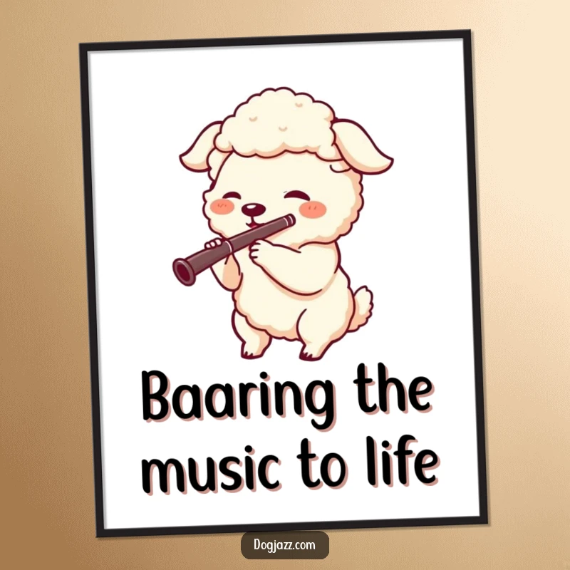 Funny Free Printable Wall Art: A sheepdog character joyfully playing a clarinet, charming and musical wall art.