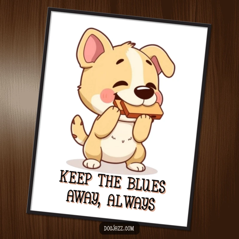 Funny Free Printable Wall Art: A dog rhythmically bopping its head while expertly playing a harmonica.