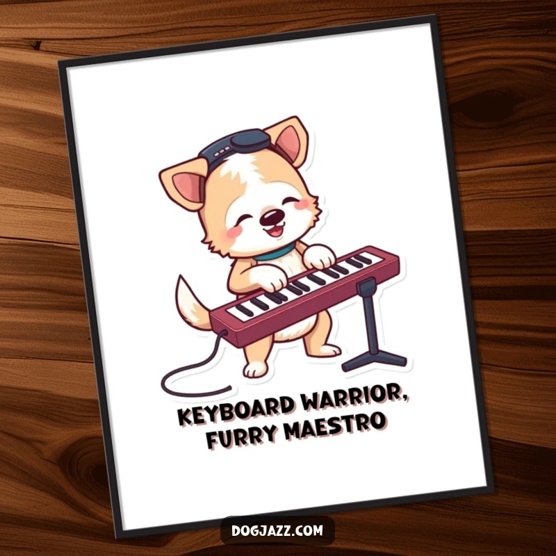 Funny Free Printable Wall Art: Terrier Dog Enthusiastically Jamming on a Keyboard with a Happy Wagging Tail, Musical Decor!