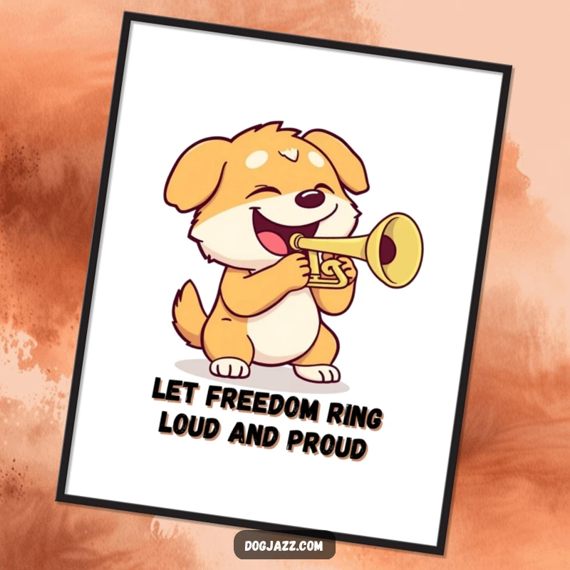 Funny Free Printable Wall Art: An energetic dog with a huge grin enthusiastically playing a trumpet.