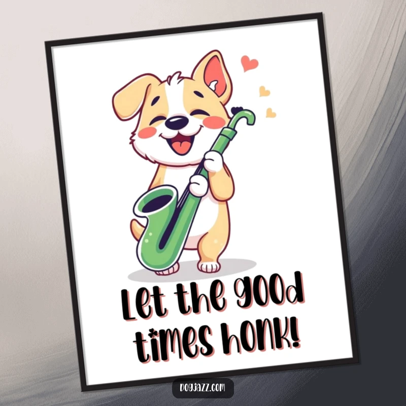 Funny Free Printable Wall Art: Dog playing saxophone with paws tapping, musical dog decor, downloadable quirky art, fun room decoration.
