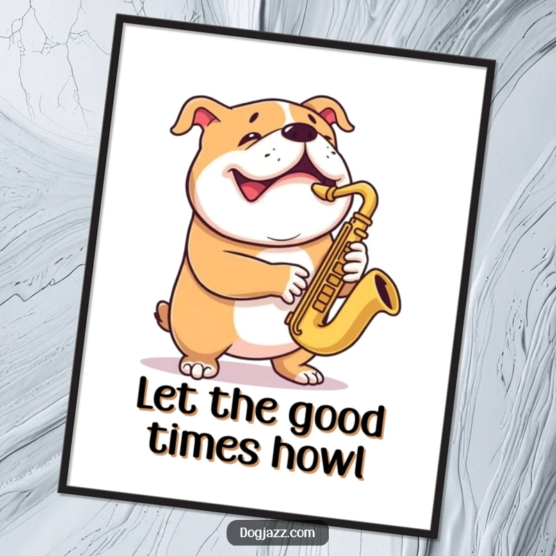 Funny Free Printable Wall Art: A cool bulldog plays the saxophone with a joyful expression, perfect for music-themed decor.