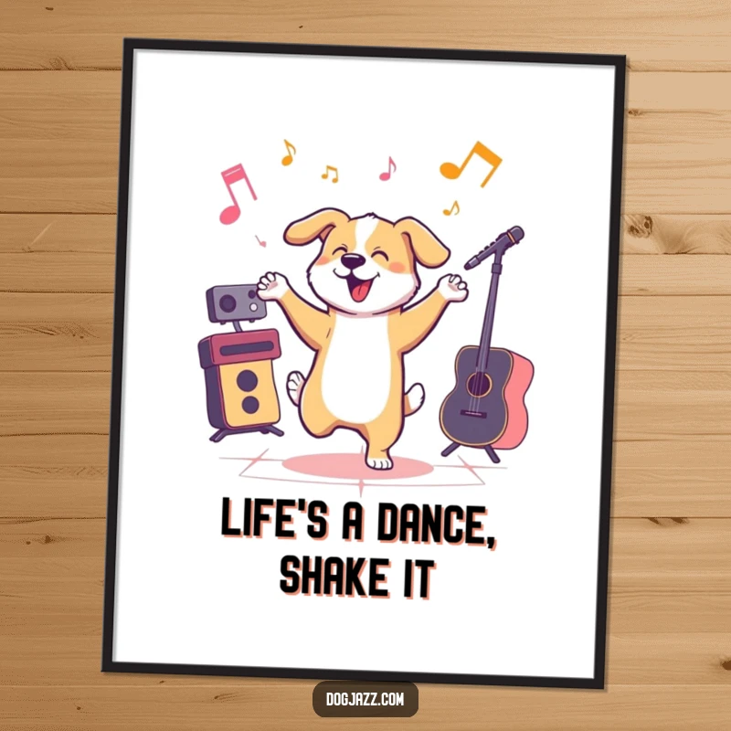 Funny free printable wall art of a dog energetically dancing with jazzy flair to an imaginary jazz tune.