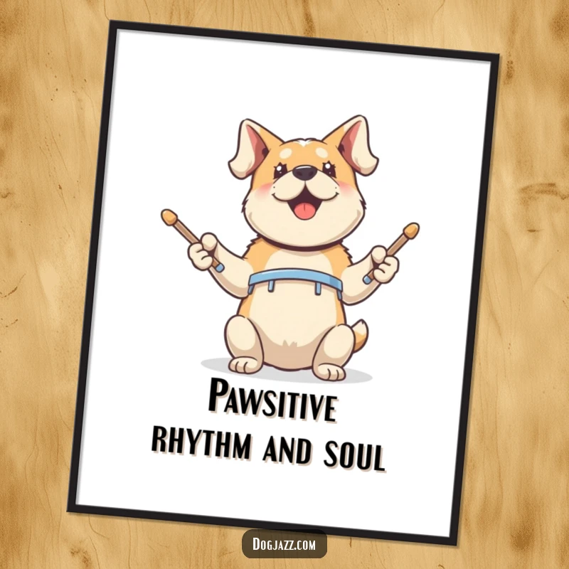 Funny Free Printable Wall Art: A dog enthusiastically taps drumsticks with its front paws. Rock on.