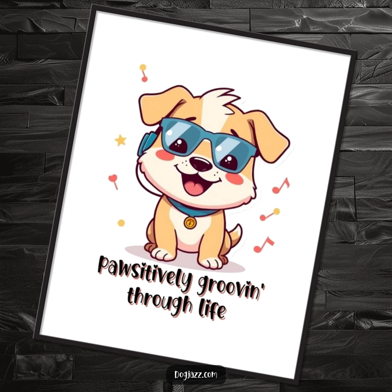 Funny Free Printable Wall Art: Cheerful dog with headphones bopping head to music, vibrant and humorous downloadable decor.