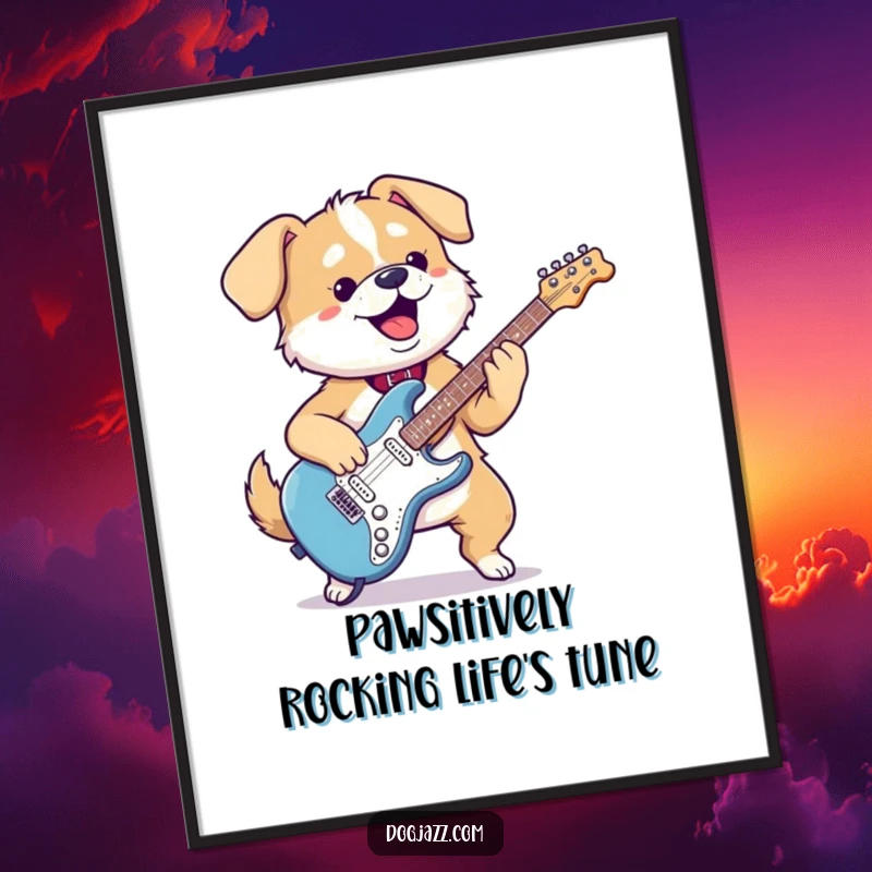 Funny Free Printable Wall Art: A kawaii dog plays an electric guitar with energetic passion. Cool, downloadable decor.