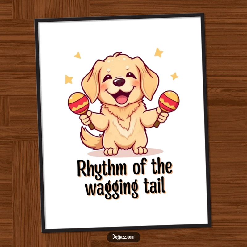 Funny Free Printable Wall Art of a Golden Retriever gleefully shaking maracas, bringing vibrant party energy to any room. Downloadable decor.