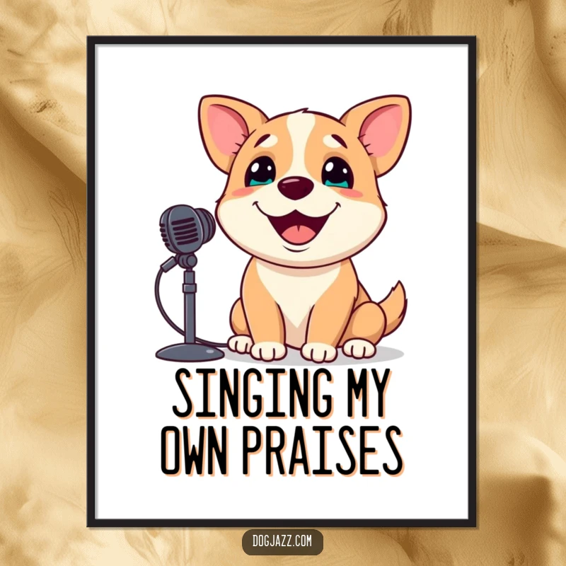 Funny Free Printable Wall Art: A dog with a happy grin singing into a microphone, a lively musical artwork.