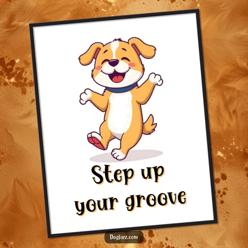 Funny free printable wall art of a dog enthusiastically tap dancing with dynamic, playful, and rhythmic foot movements.