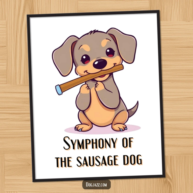Funny Free Printable Wall Art of a Dachshund playing a flute with artistic flair, adding a whimsical musical note to your decor. Downloadable art.