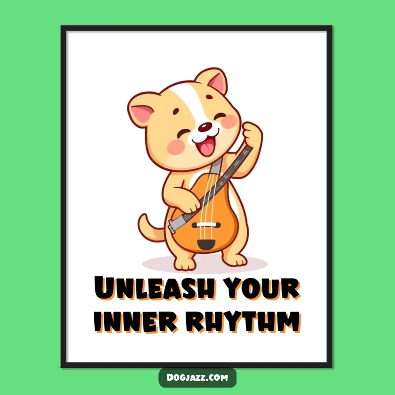 Free Printable Wall Art: Funny Dog Bass Player, Bouncy Rhythm, Humorous Dog Decor Downloadable