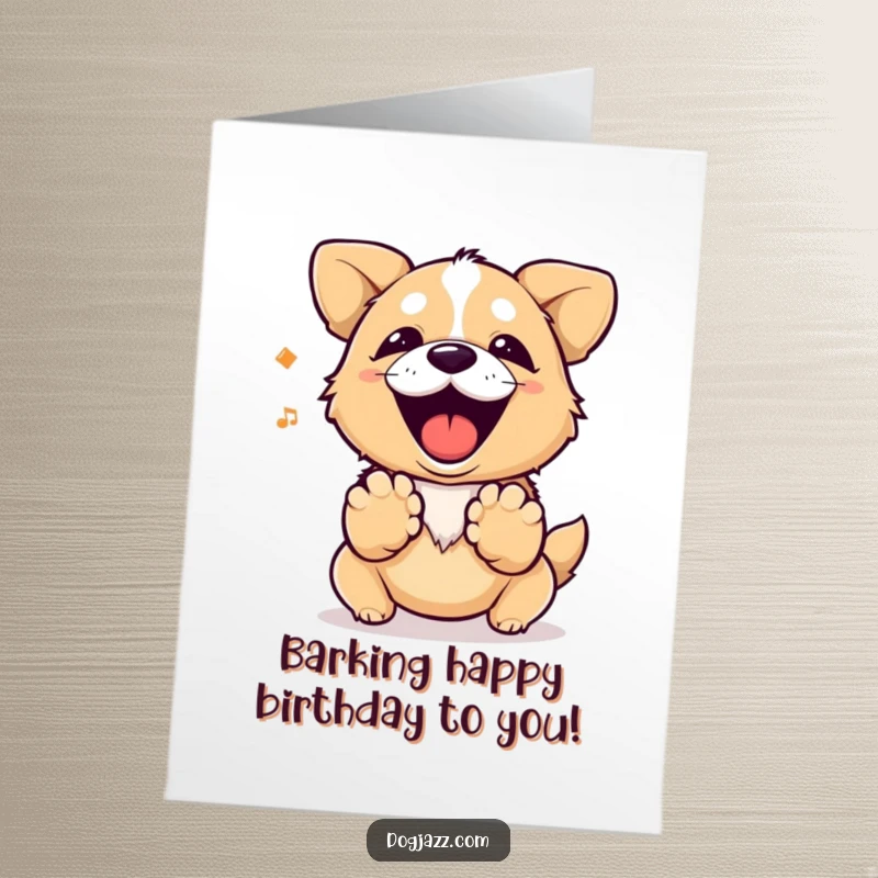 Funny free printable birthday card showing a dog excitedly barking out a rhythm by tapping its paws.