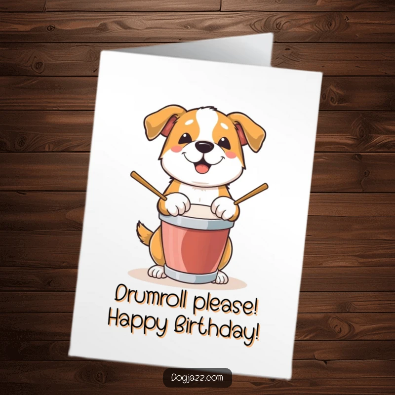 Funny Free Printable Birthday Card: Energetic dog drumming with paws, a hilarious and exciting music-themed celebration.