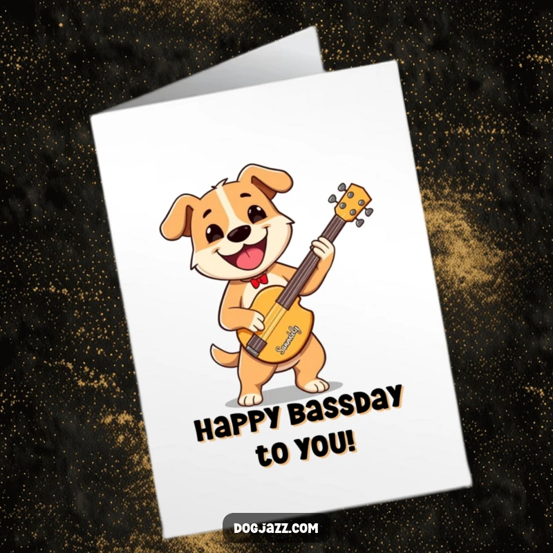 Funny Free Printable Birthday Card: A dog with a wide grin energetically plays a stand-up bass. Downloadable and musical.