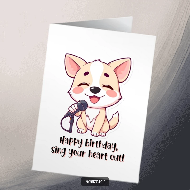 Funny Free Printable Birthday Card: Smiling dog crooning into microphone with closed eyes, musical birthday serenade, downloadable heartfelt greeting.