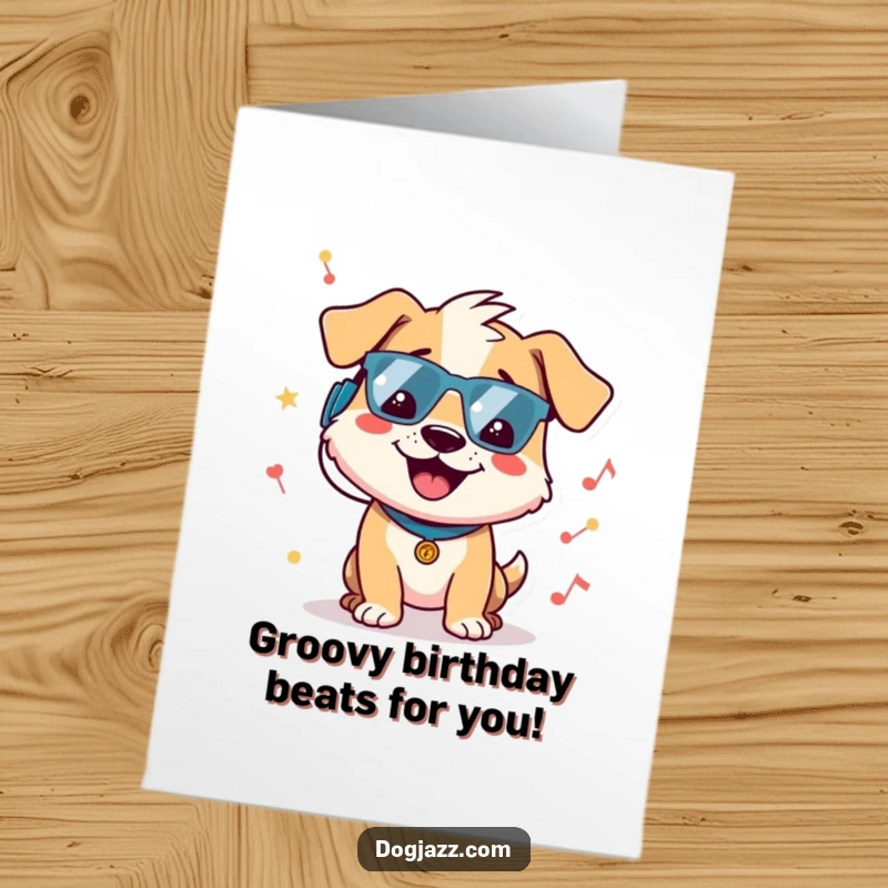 Funny Free Printable Birthday Card: Cheerful dog with headphones bopping head to music, perfect downloadable gift.