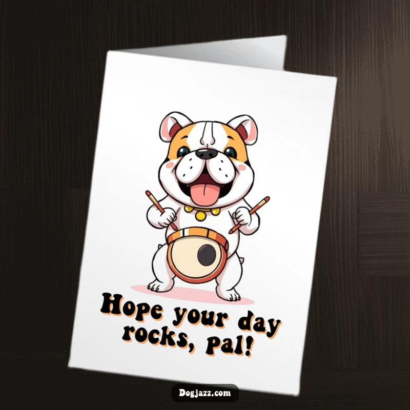 Funny Free Printable Birthday Card: Bulldog pounds on drums with extreme enthusiasm, sticks flying.