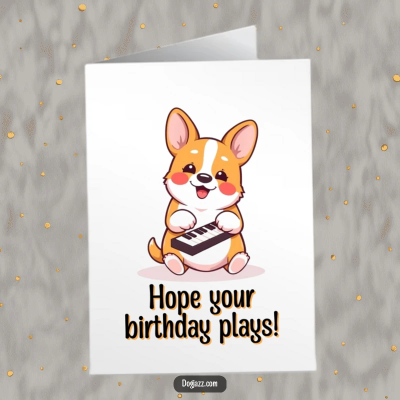 Funny Free Printable Birthday Card: An excited corgi energetically plays a piano with its paws, celebrating loudly.