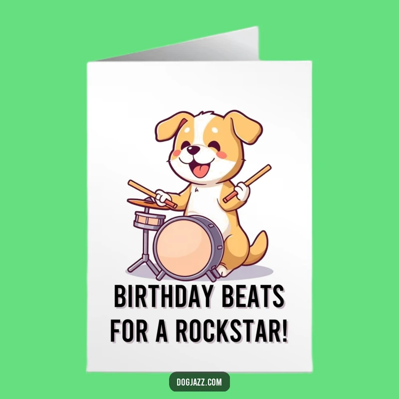 Free Printable Birthday Card: Energetic Drumming Dog Downloadable Greeting Gift