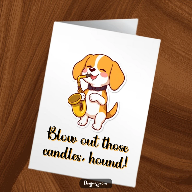 Funny Free Printable Birthday Card: Beagle musician plays saxophone with pure joy, musical notes abound.