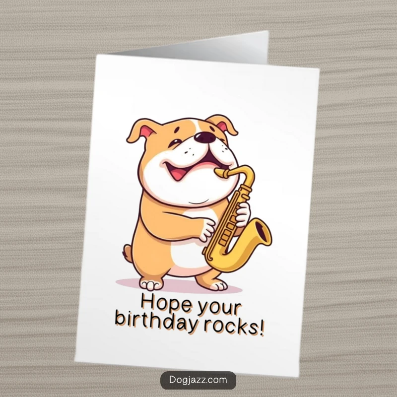 Funny Free Printable Birthday Card: Bulldog rocking a saxophone solo with a huge, happy grin, perfect for music lovers.