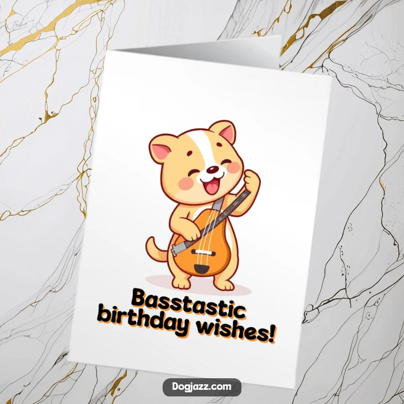 Funny free printable birthday card featuring a dog joyfully playing a bass guitar with a bouncy, rhythmic vibe.