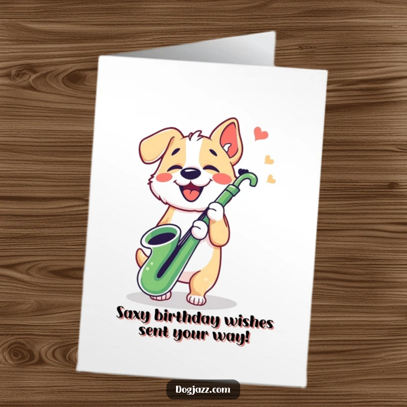 Funny Free Printable Birthday Card: Dog playing saxophone with paws tapping, musical birthday celebration, downloadable joyful greeting.