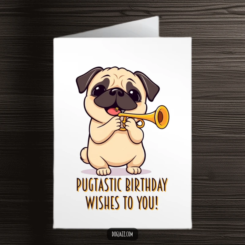 Funny Free Printable Birthday Card: A happy pug enthusiastically plays a bright yellow trumpet, ready to serenade someone special.