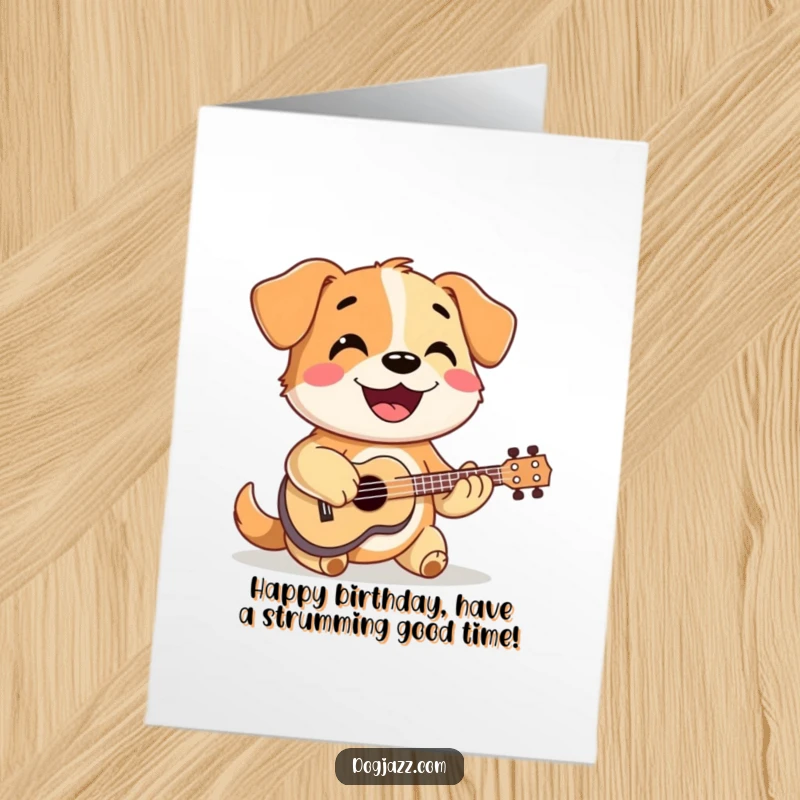 Funny Free Printable Birthday Card: Happy dog strumming a ukulele with a smile, musical birthday celebration, downloadable joyful greeting.