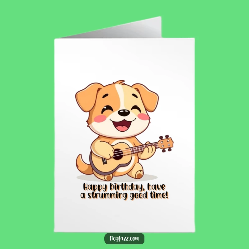 Free Printable Birthday Card: Happy Dog Ukulele Player Downloadable Greeting Gift