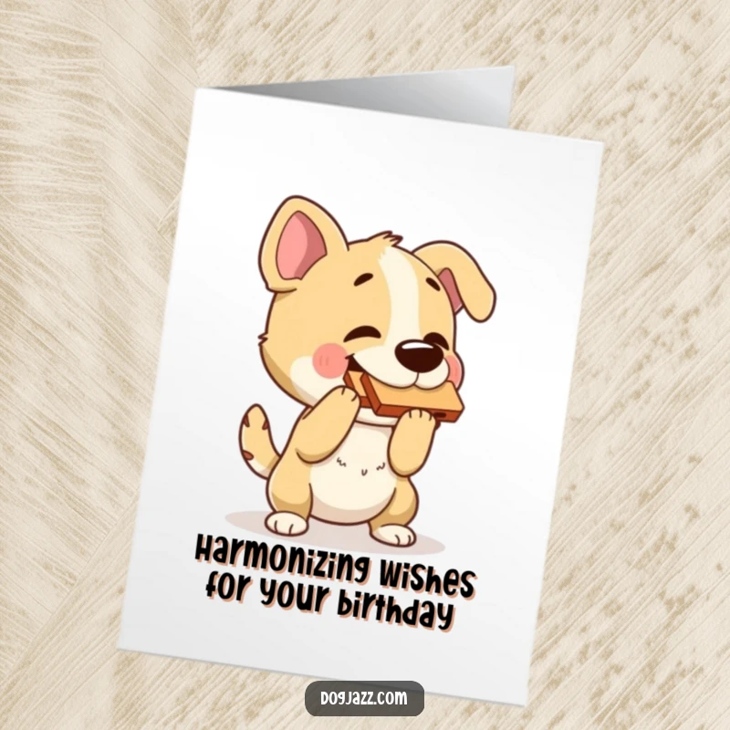 Funny Free Printable Birthday Card: A dog bopping its head rhythmically while playing a harmonica.