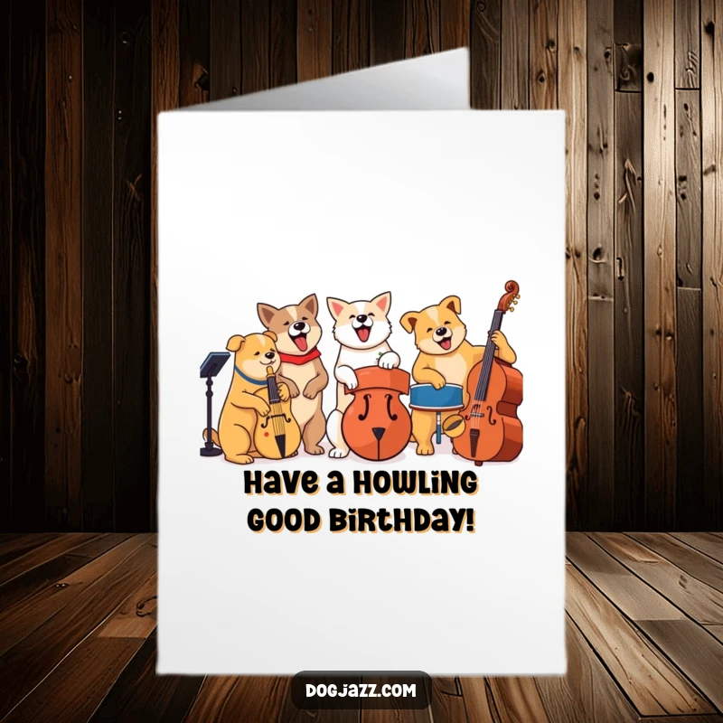 Funny Free Printable Birthday Card: A group of dogs playing jazz instruments in harmony, sending musical birthday wishes.