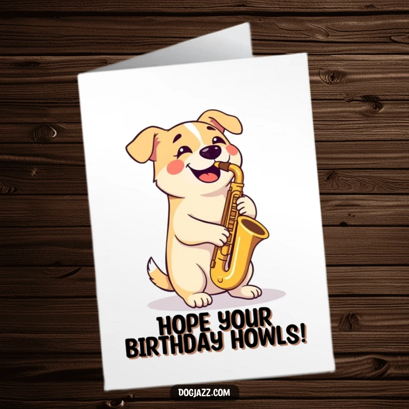 Funny Free Printable Birthday Card showing a happy dog with crossed paws, enthusiastically playing a tenor saxophone for a celebration.