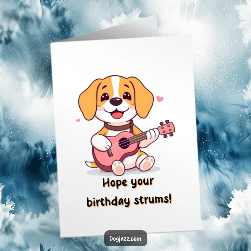 Funny Free Printable Birthday Card: A joyful beagle happily strums a ukulele, sending cheerful birthday wishes.