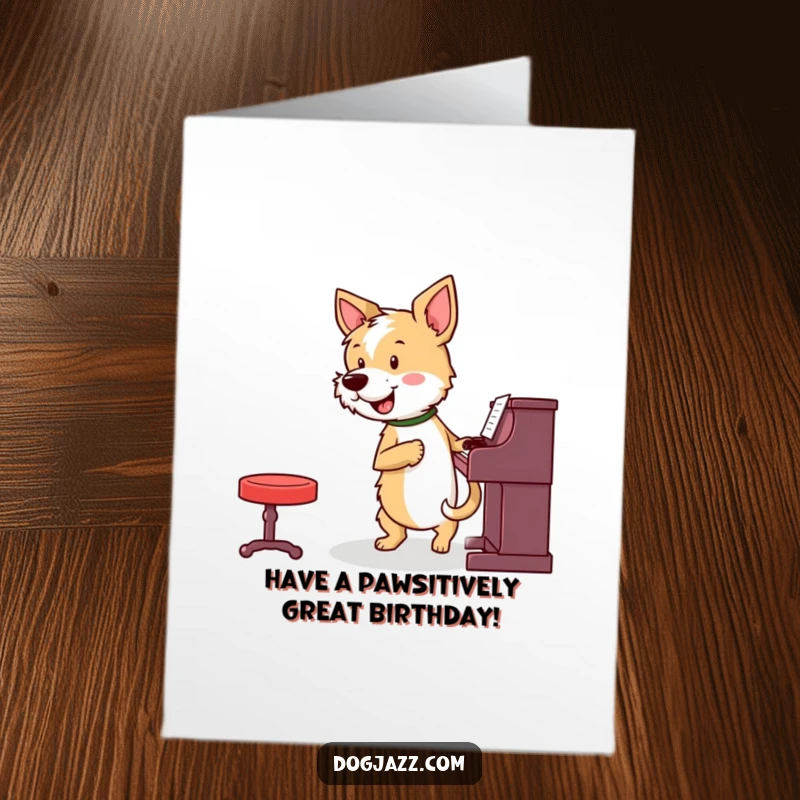 Funny Free Printable Birthday Card: Terrier energetically plays piano, tail wagging with delight.