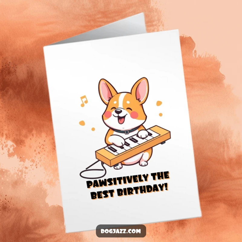 Funny Free Printable Corgi Birthday Card: A happy corgi joyfully typing a birthday tune on a keyboard.