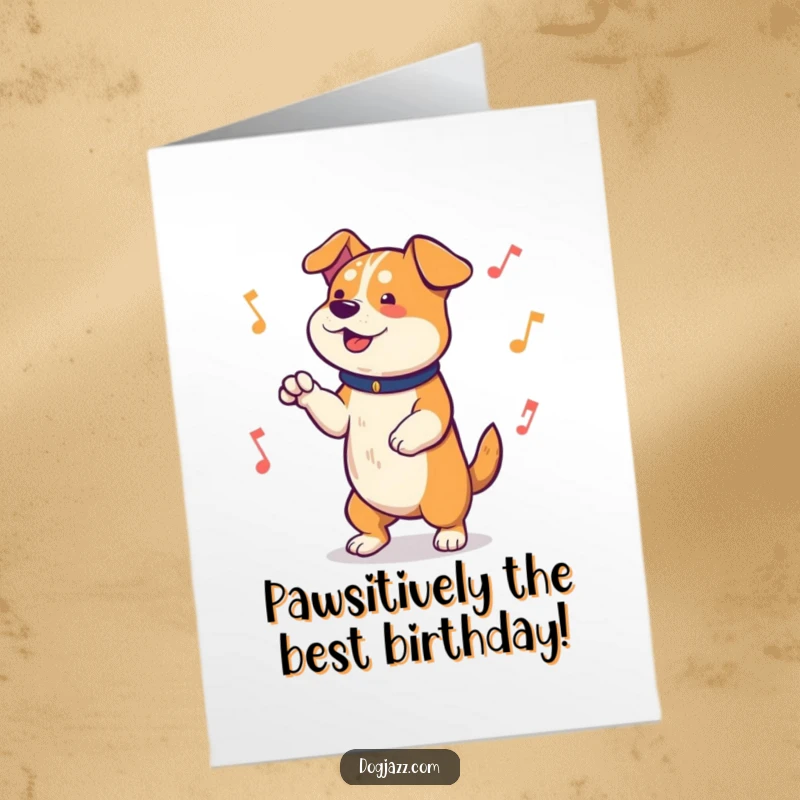 Funny Free Printable Birthday Card: A joyful dog energetically tapping its paws to a lively, unseen beat with cartoon-style music notes.