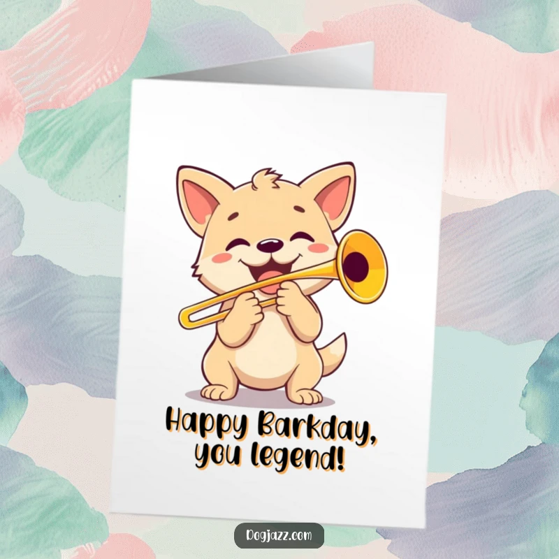Funny Free Printable Birthday Card: A joyful dog character enthusiastically blasts a shiny trombone.
