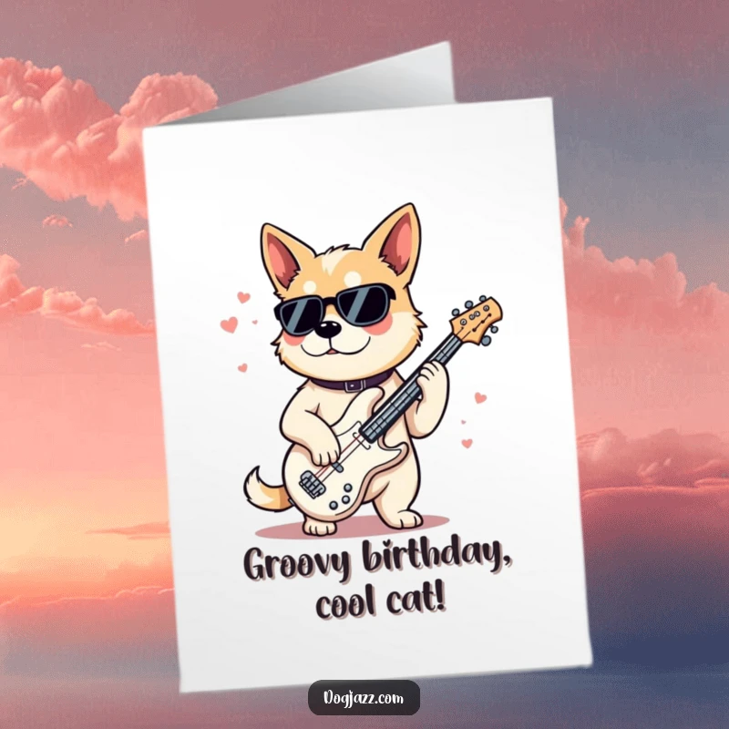 Funny Free Printable Birthday Card: A dog with sunglasses looking effortlessly cool while playing a jazz bass with a smooth, relaxed expression.