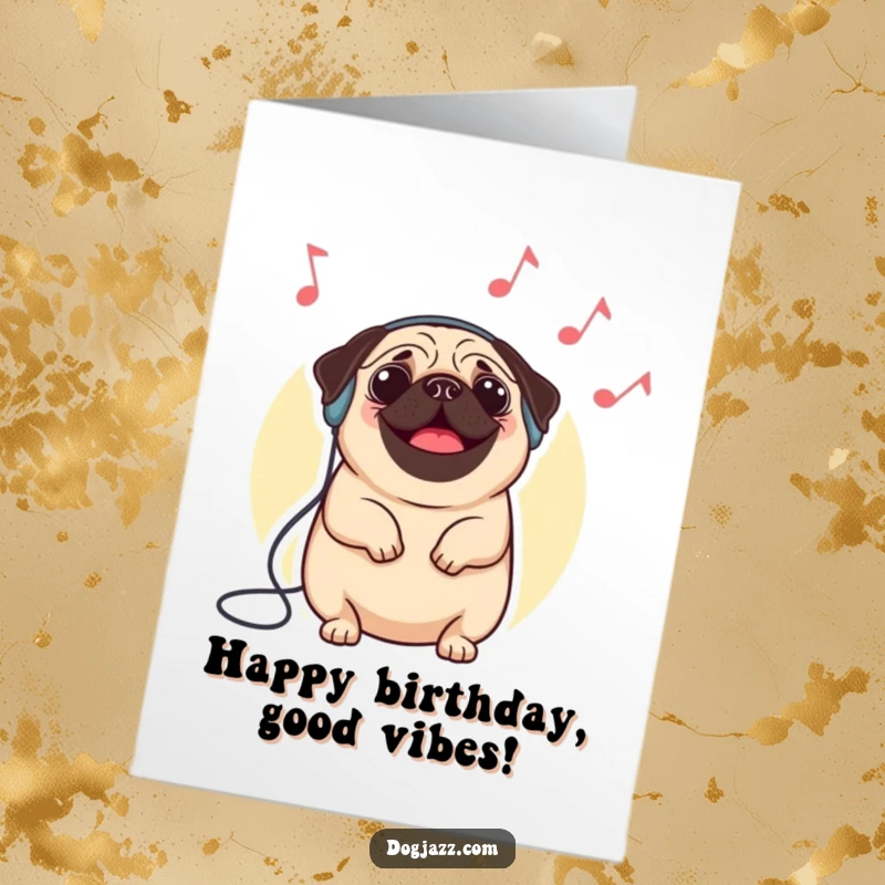 Funny Free Printable Birthday Card: A happy, round pug wears headphones, nodding rhythmically to imaginary jazz music.