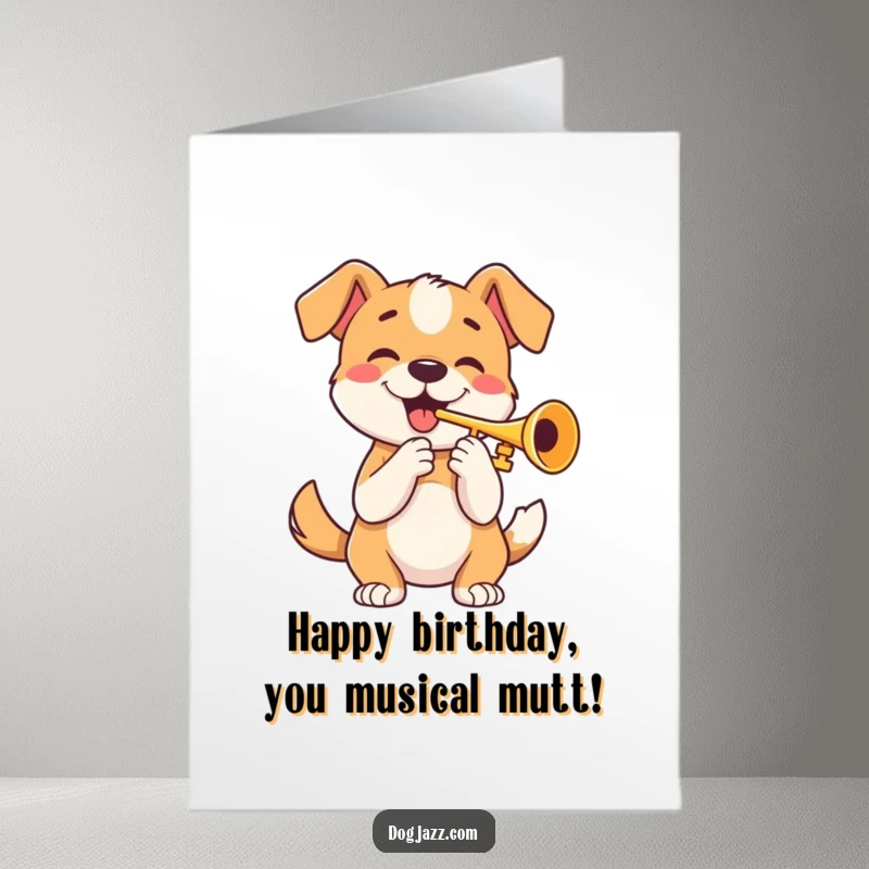 Funny Free Printable Birthday Card featuring a happy dog playing a trumpet with a wagging tail, perfect DIY gift.