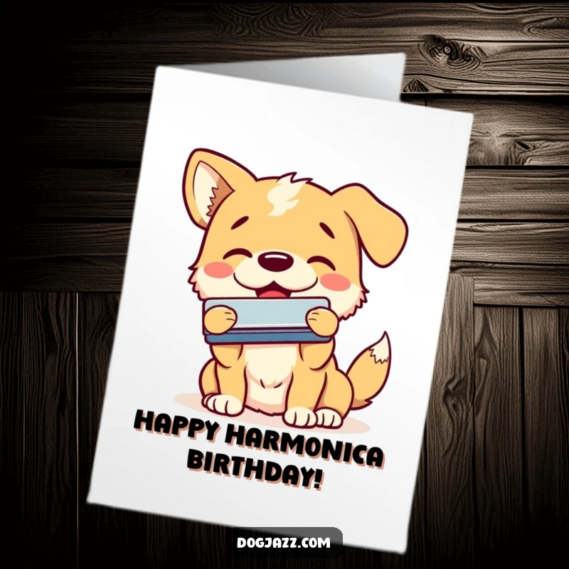 Funny Free Printable Birthday Card: A dog smiles while enthusiastically playing the harmonica. Downloadable and musical.