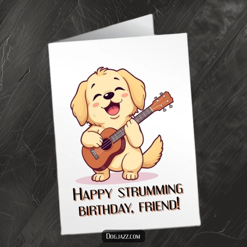 Funny Free Printable Birthday Card: Golden retriever joyfully strums a ukulele with a big smile.
