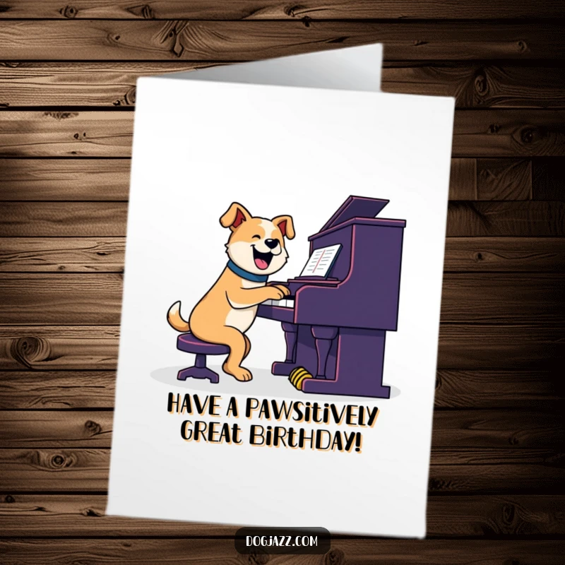 Funny Free Printable Birthday Card: A dog enthusiastically plays a jazzy piano, its tail wagging to the rhythm of the music.