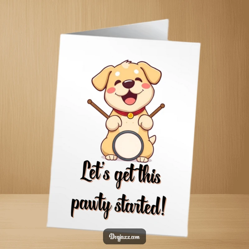 Funny Free Printable Birthday Card: Energetic dog with drumsticks enthusiastically playing drums, ready for a rockstar celebration.