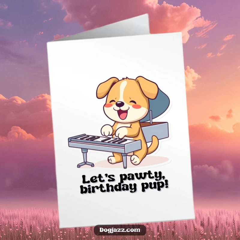 Funny Free Printable Birthday Card: A dog character enthusiastically playing a piano with its paws, sending birthday wishes.