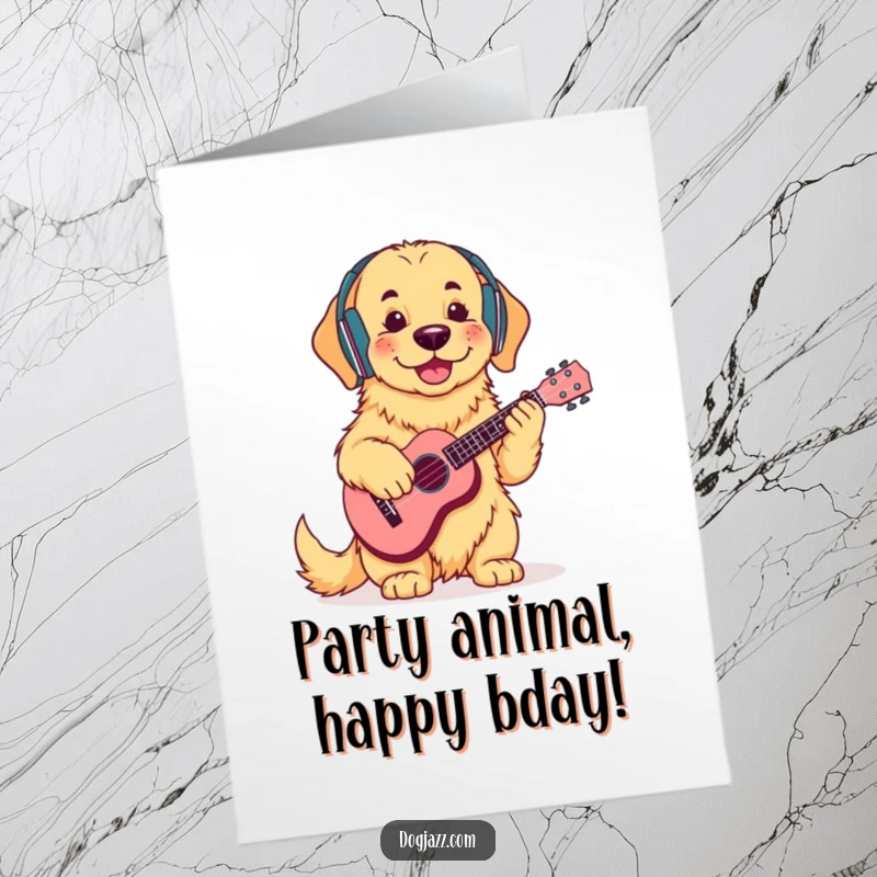 Funny Free Printable Birthday Card: A golden retriever with headphones cheerfully strums a ukulele.