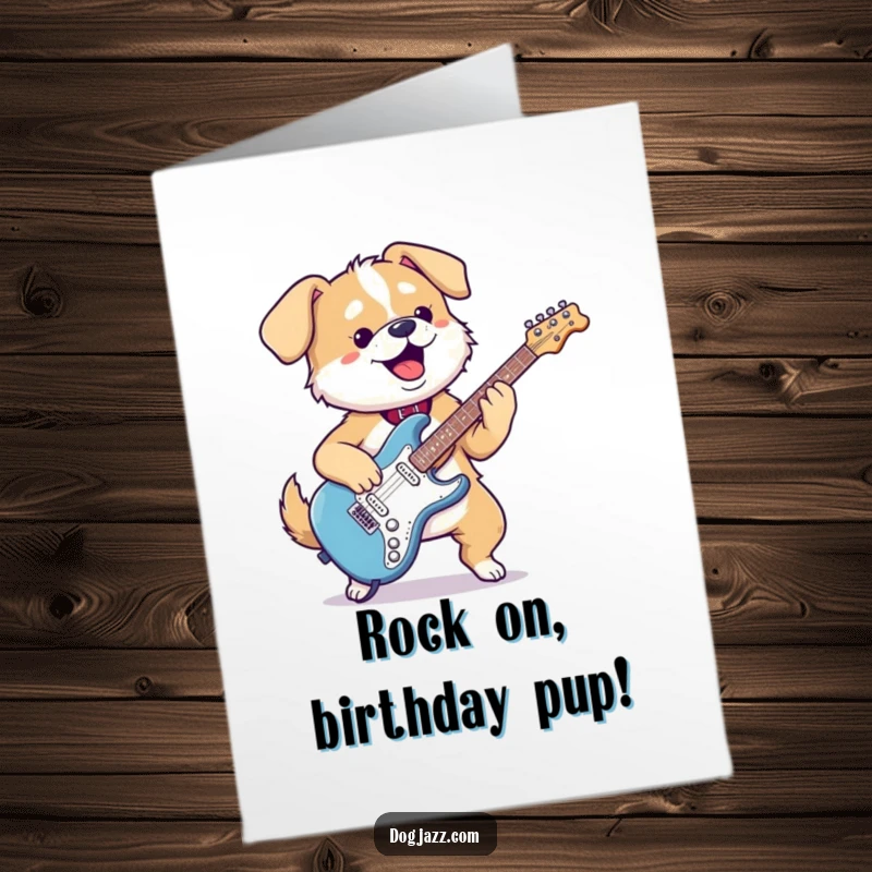 Funny Free Printable Birthday Card: A kawaii dog plays an electric guitar with rockstar flair, perfect for birthday jams. Downloadable.