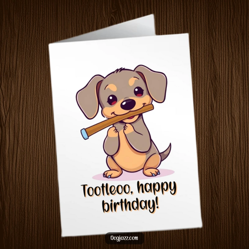 Funny Free Printable Birthday Card of a happy Dachshund playing a flute, creating a cheerful musical moment. A downloadable birthday tune.