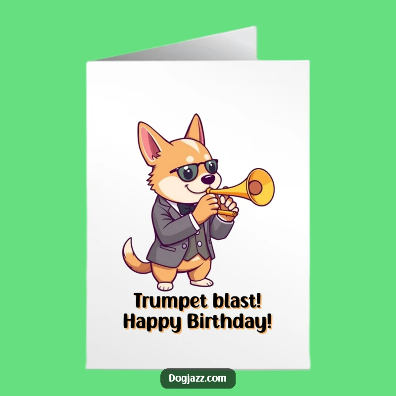 Free Printable Funny Dog Birthday Card: Jazz Trumpet Player Downloadable Gift